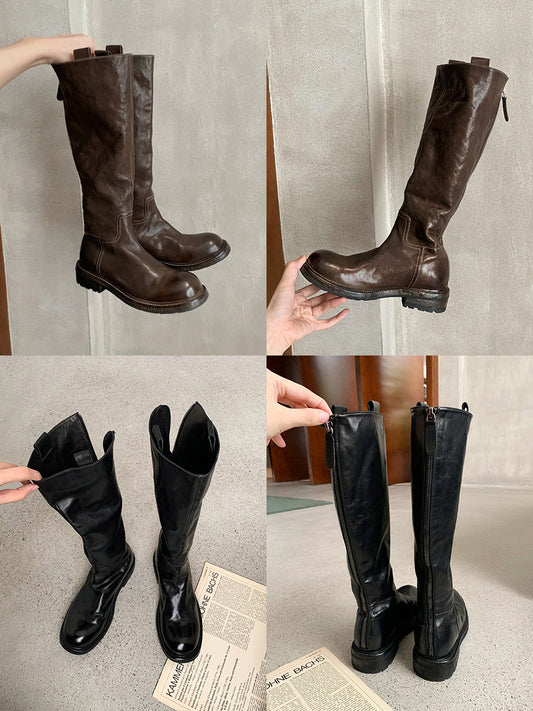 Women's Size Retro Washed Horse High Tube Slimming Middle Chunky Boots
