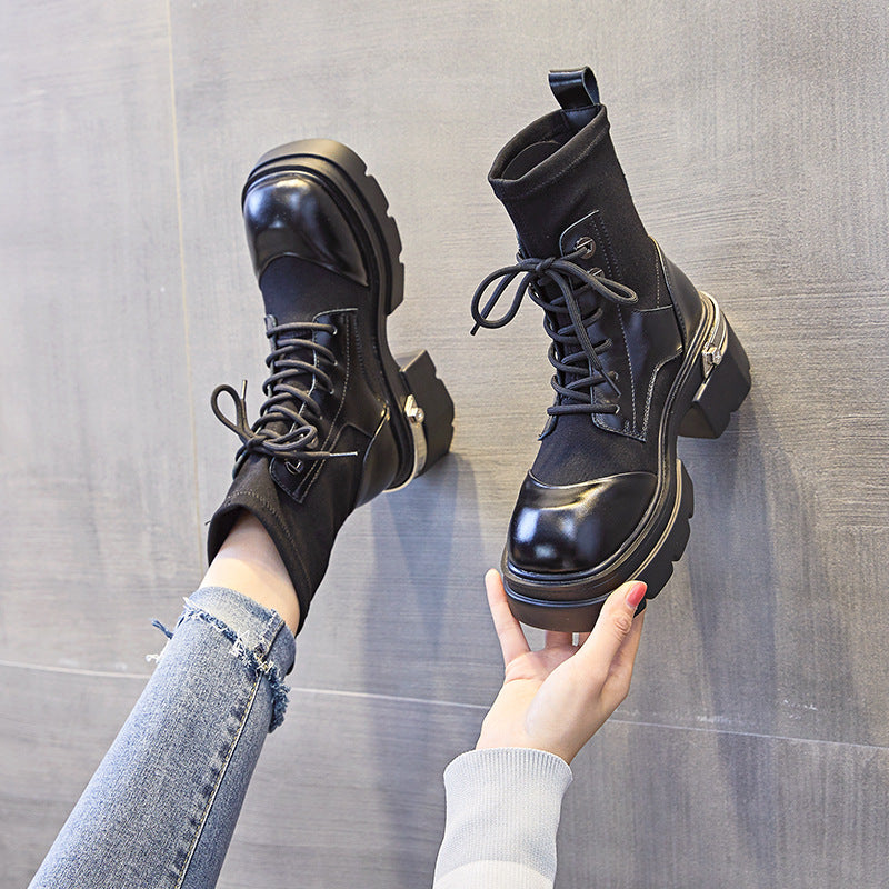 Women's Style Round Toe Vintage Black Chunky Boots