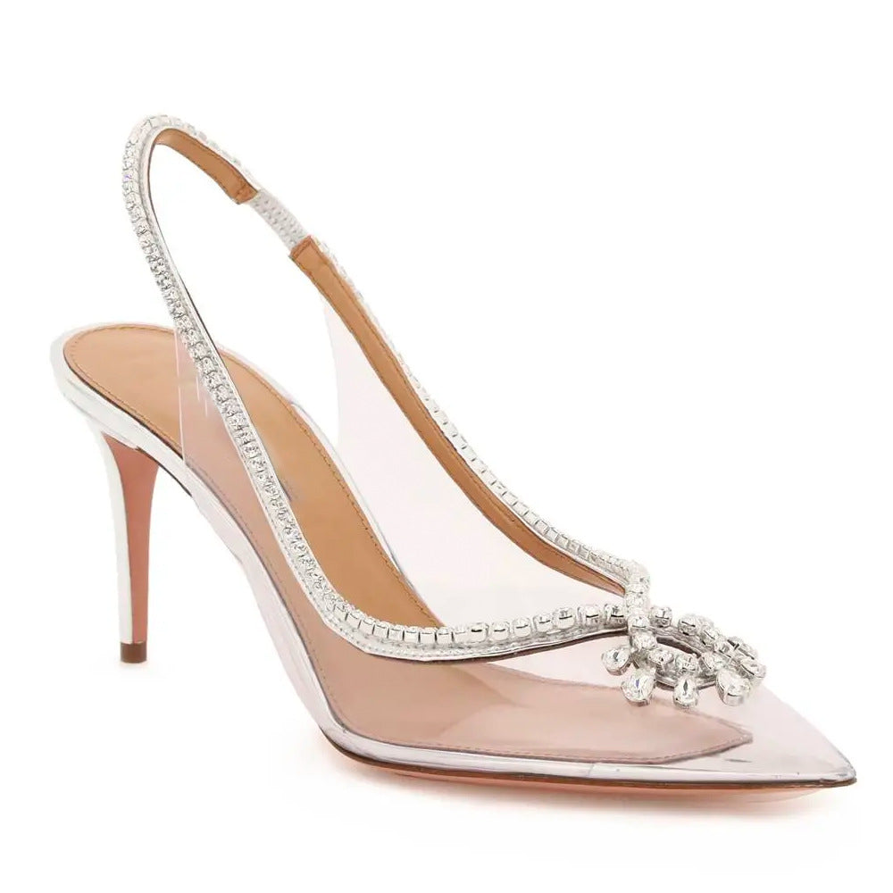 Women's Pointed Toe Sier Transparent Rhinestone Chain Heels