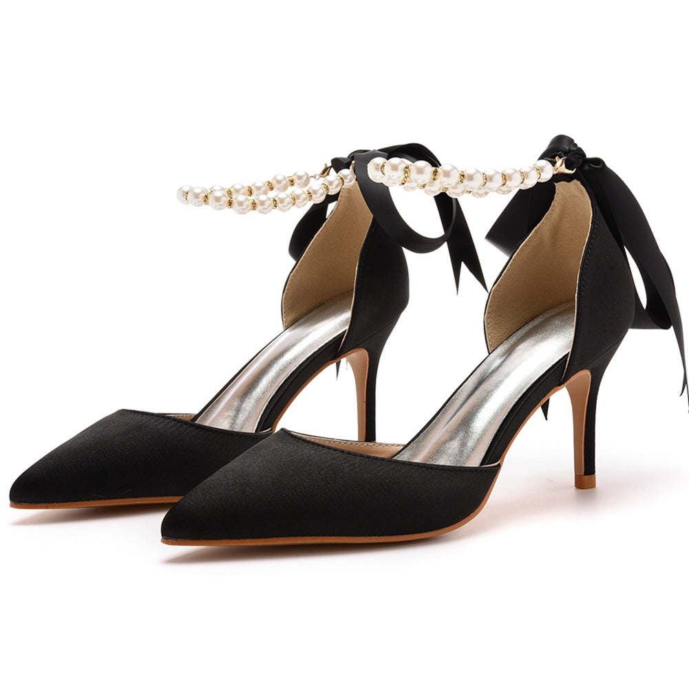 Women's & Men's Plus Size Banquet Ribbon Beaded High Satin Heels