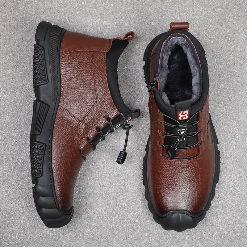 Men's Cowhide Plus Fluff Wool Warm Fur Men's Shoes