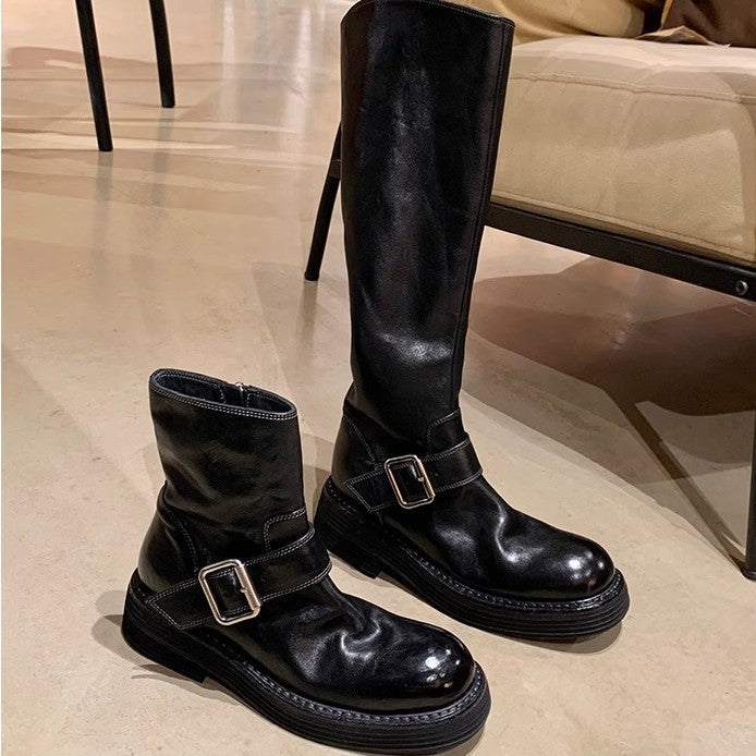 Women's Washed Horse Round Head Chunky Motorcycle Boots