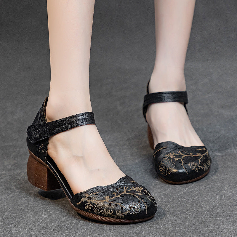 Women's Summer First Layer Cowhide Thick Mid Retro Chinese Heels