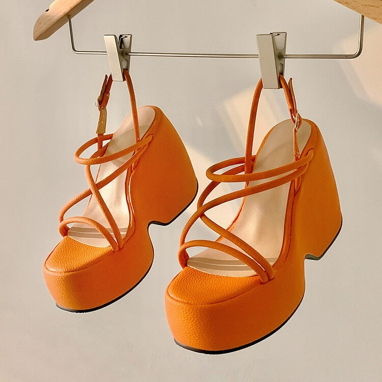 Round Toe Thin Strap Open Platform Sandals