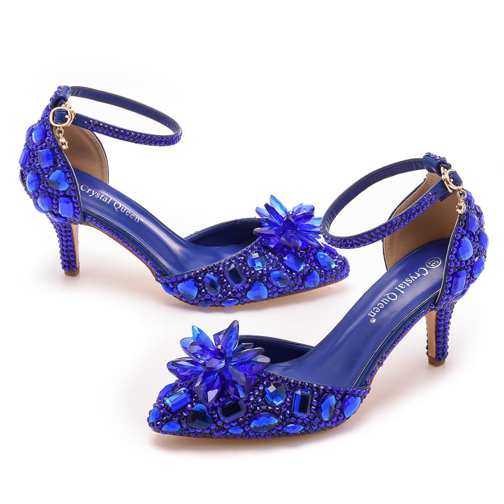 Women's Plus Size Stiletto Pointed Crystal Glass Flower High Champagne Heels