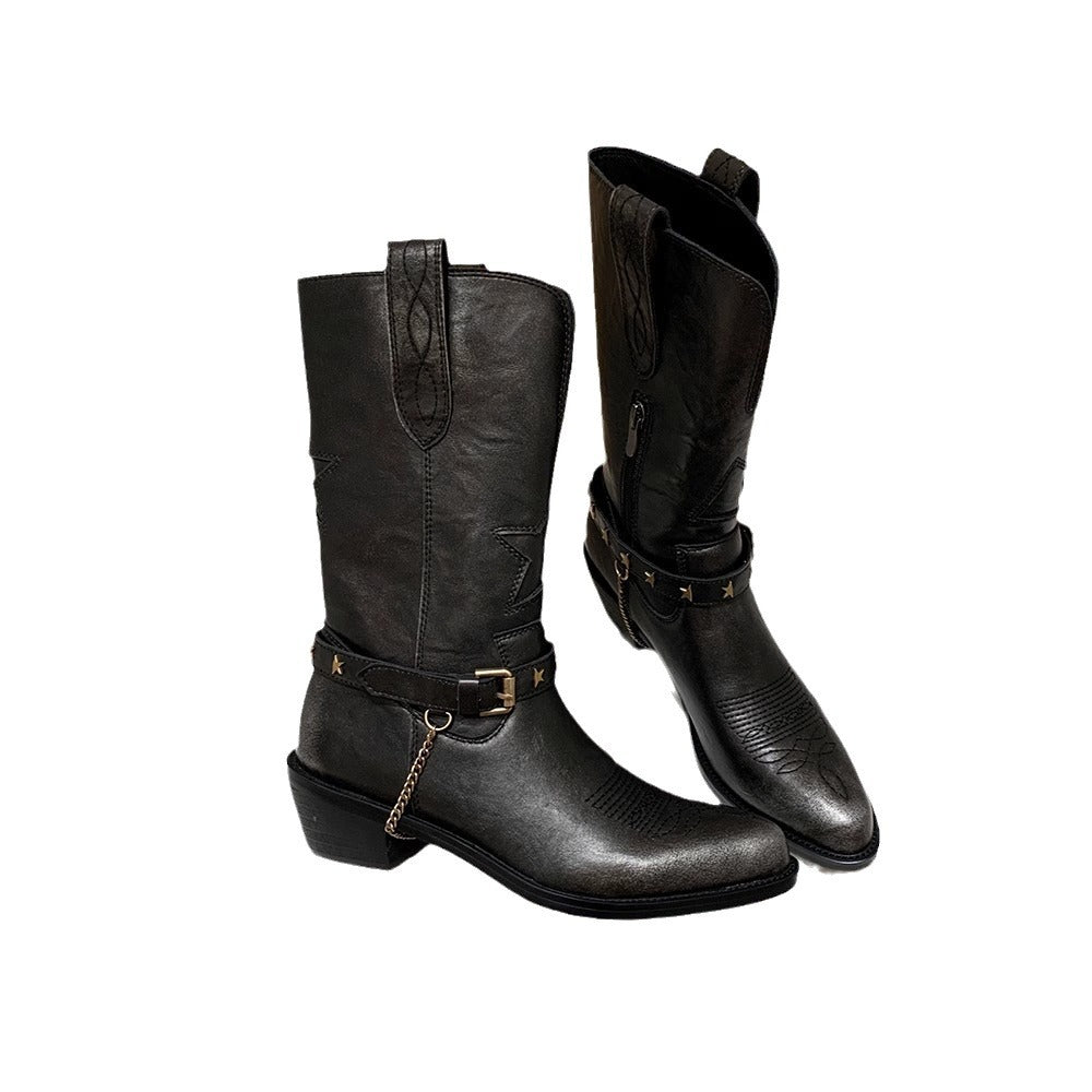Women's Belt Buckle Side Zipper Chunky Knee-high Boots