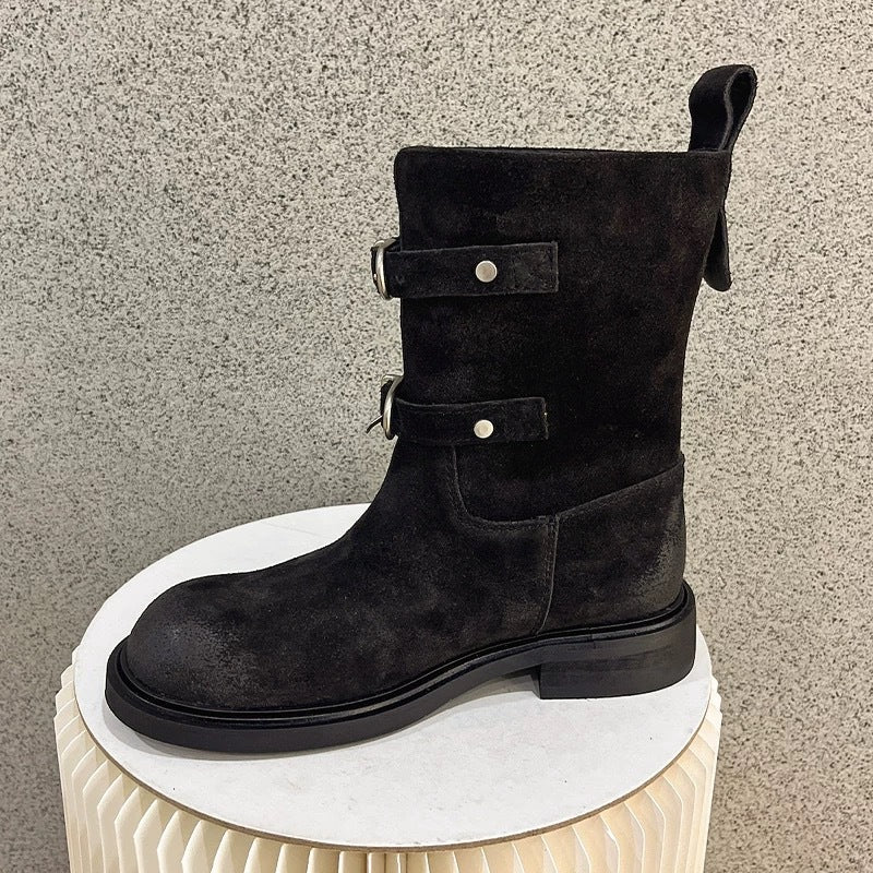 Women's Toe Belt Buckle Martin Chunky Western Boots