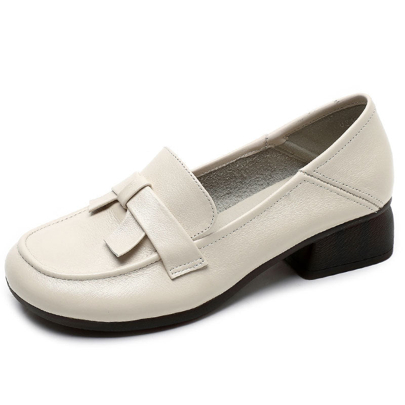 Women's Top Layer Cowhide Retro Style Large Size Thick Round Loafers