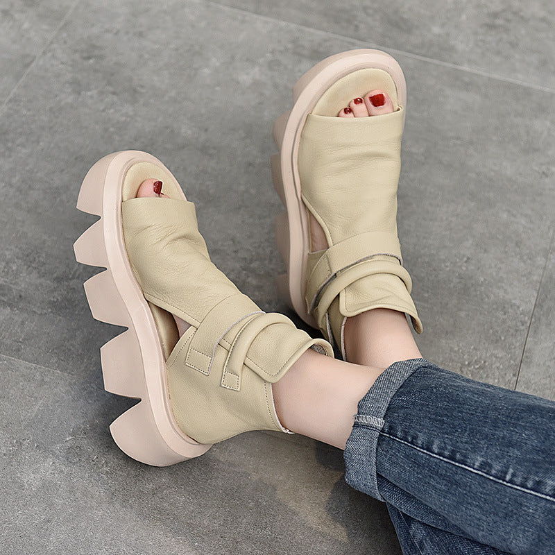Women's Genuine First Layer Cowhide Platform Muffin Fish Sandals