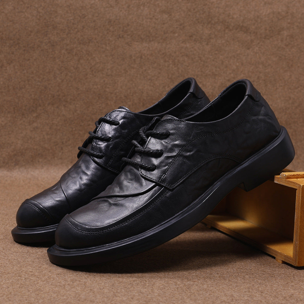 Men's Lace Up Round Toe Soft Bottom Wear Resistance British Men's Casual Leather Shoes