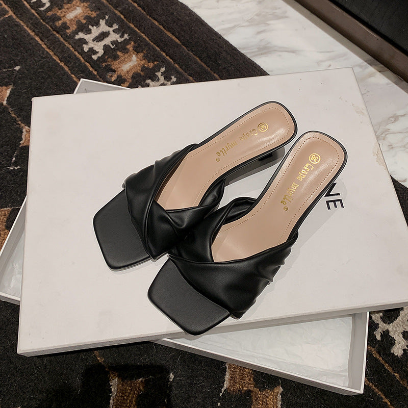 Fashion French Square Head Pleated Word Heels