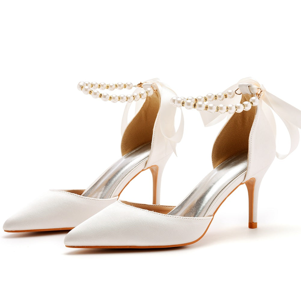 Women's & Men's Plus Size Banquet Ribbon Beaded High Satin Heels