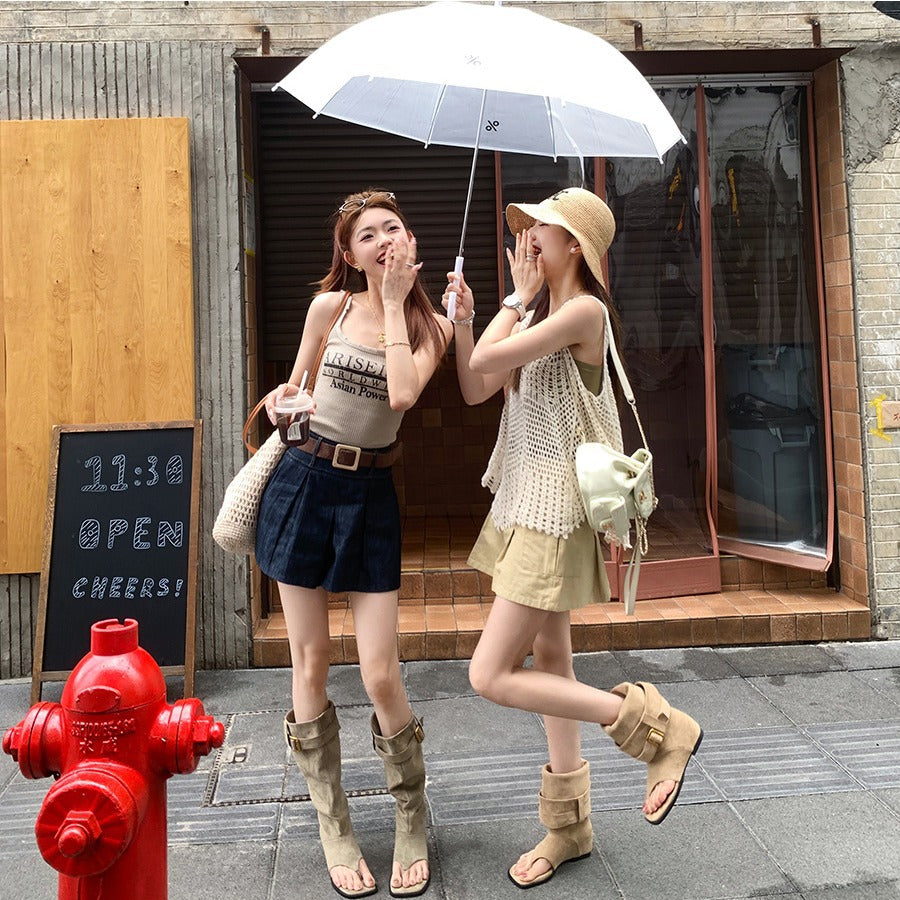 Style Open Toe Slimming Pile Middle Sandals