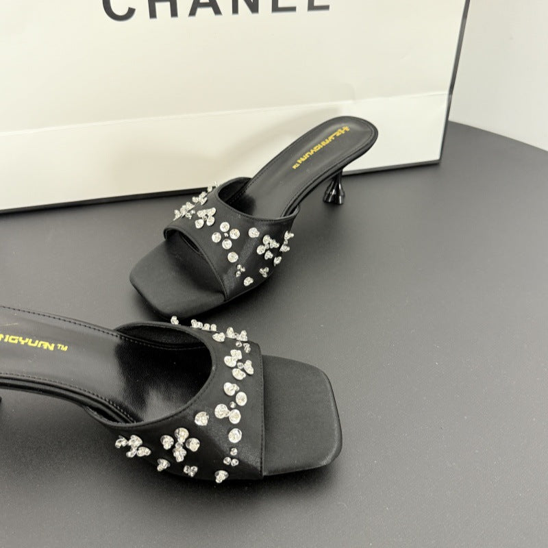 Women's Toe Outer Wear Temperament Petals Rhinestone Heels