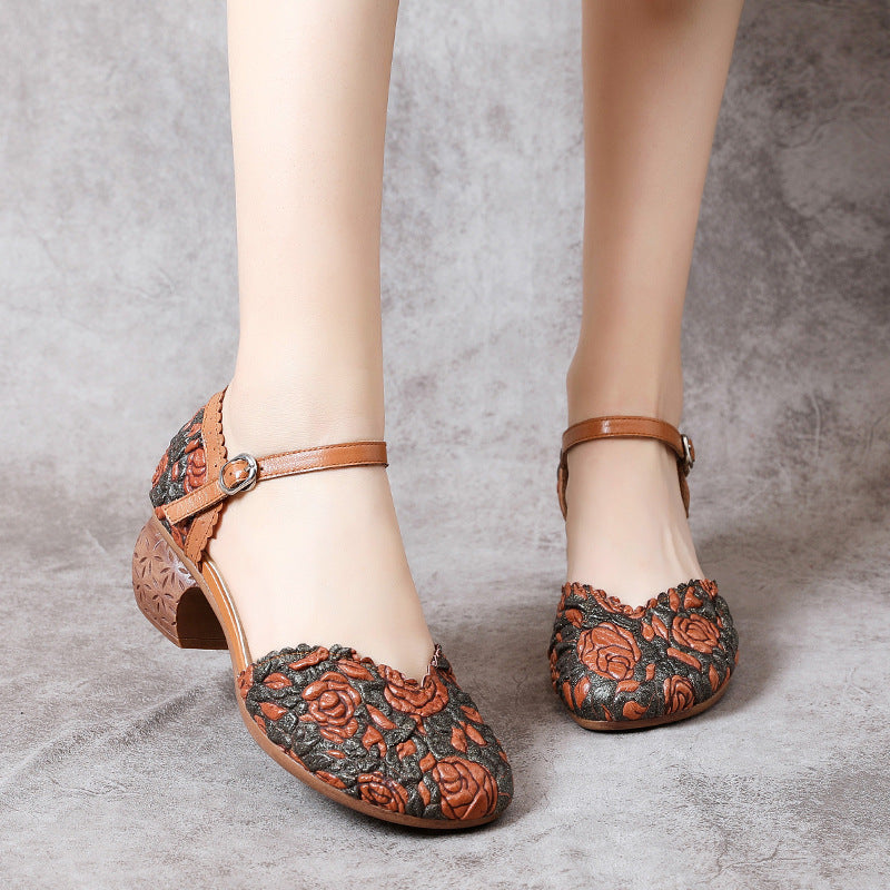 Women's First Layer Cowhide Thick Mid Multicolor Heels