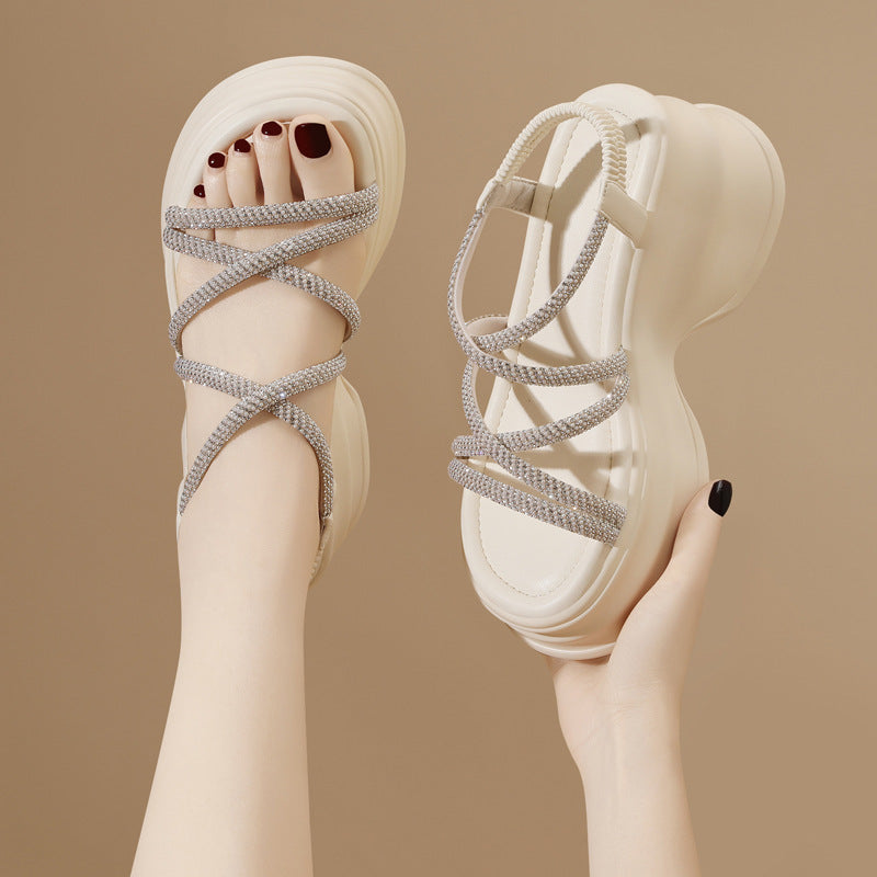 Women's & Men's Wedge Summer Soft Bottom Increase French Rhinestone Sandals
