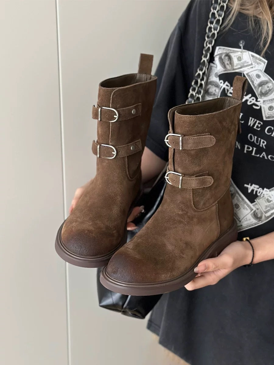 Women's Toe Belt Buckle Martin Chunky Western Boots