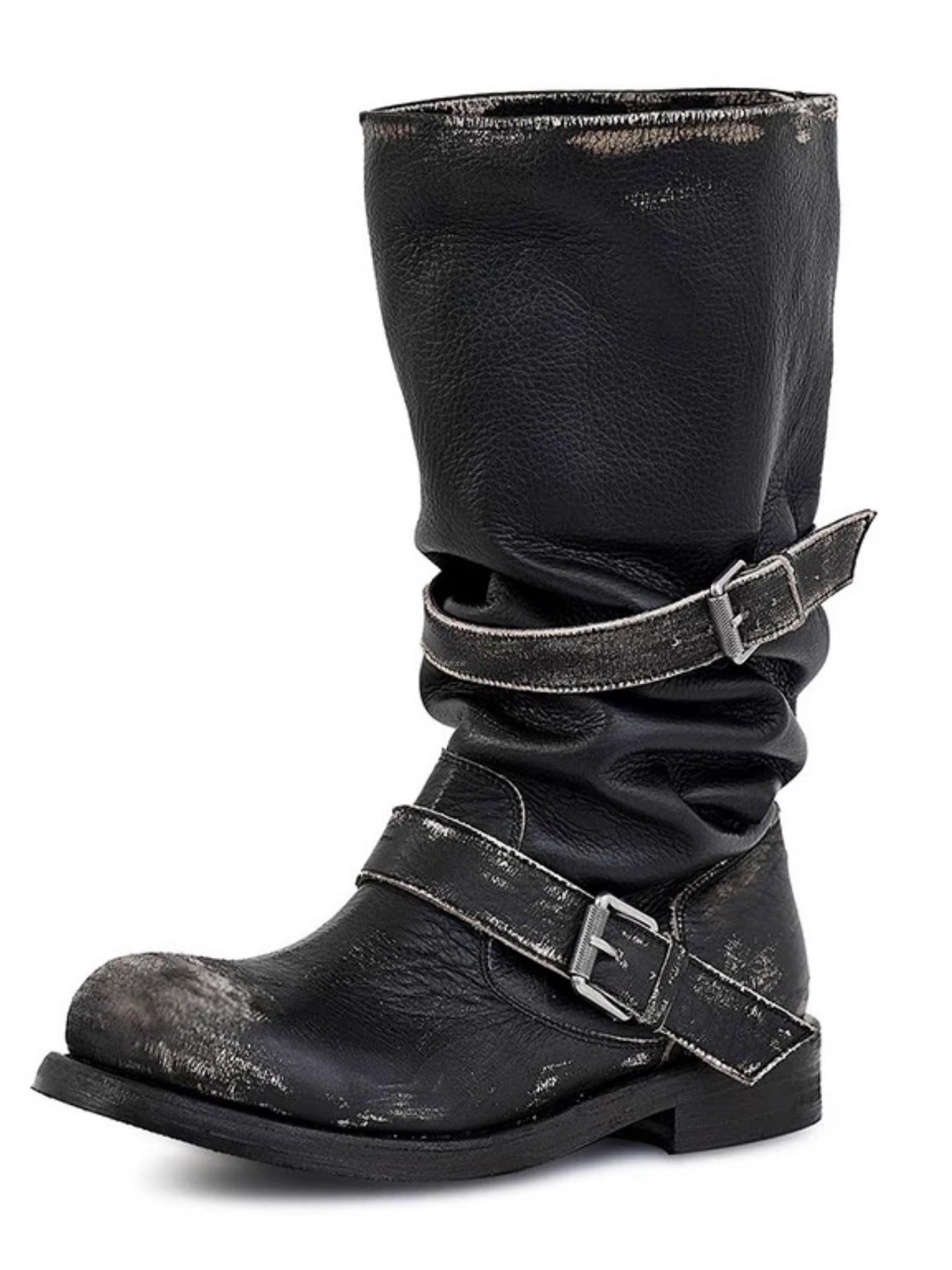 Women's Belt Buckle Pile Style Chunky Retro Distressed Boots
