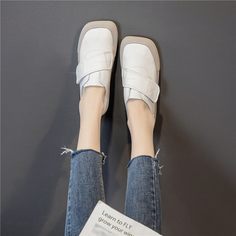 Women's Spring Cowhide Solid Color Square Toe Velcro Sneakers