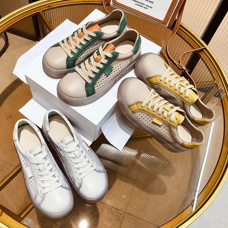 Women's Genuine Flat Hollowed Tendon Bottom Retro Breathable Soft Sneakers