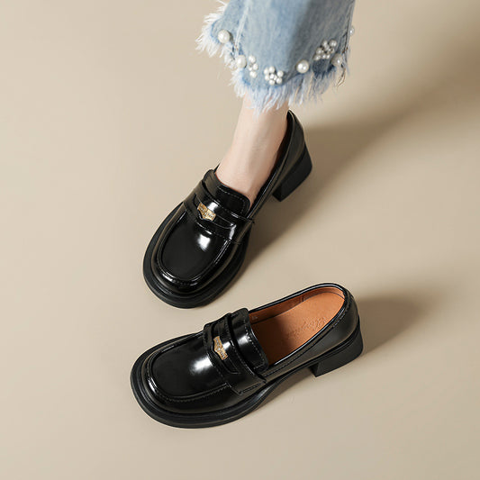 Women's Round Head Gold Coin Increased Chunky Loafers