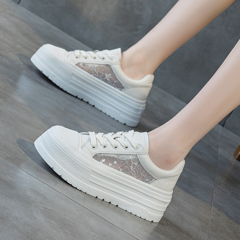 Women's Summer Platform Fashion Lace Mesh Versatile Elegant White Casual Shoes