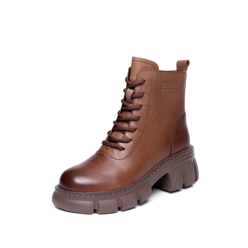 Women's Cowhide Autumn Wedge Short Retro Round Toe Boots