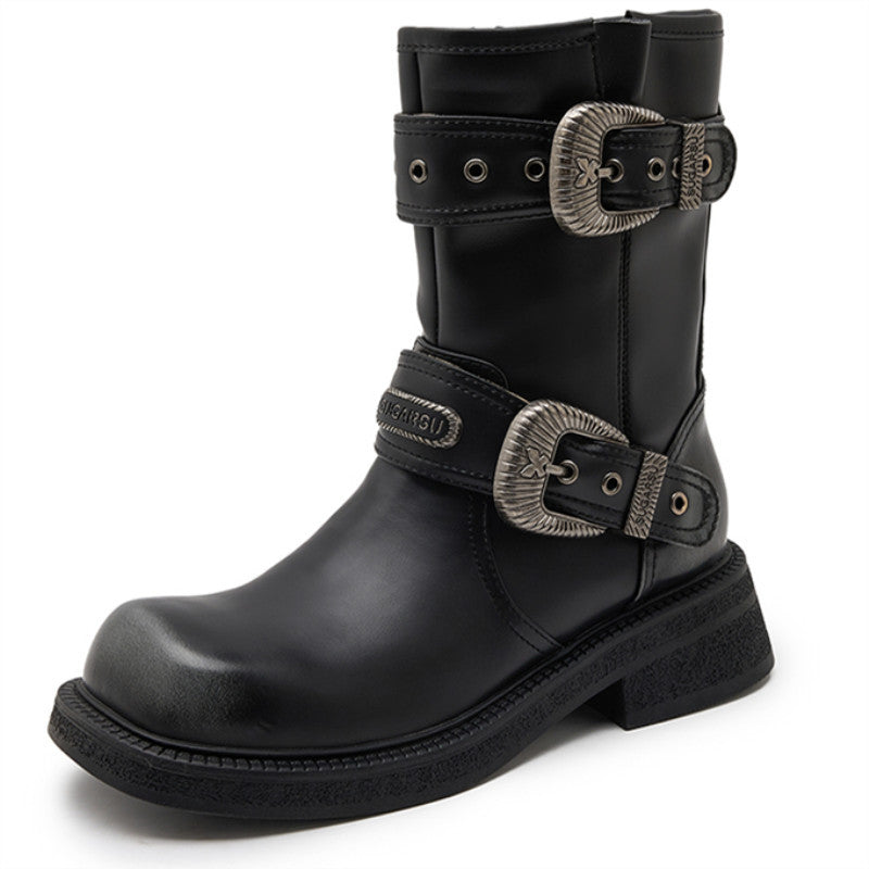 Women's Thick Bottom Chunky Belt Buckle Brushed Boots