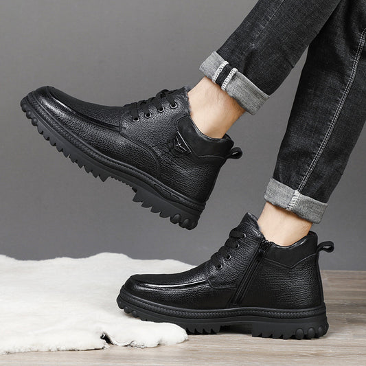 Men's Layer Cowhide Wool Real With Fleece Lining Insulated Dad Men's Shoes