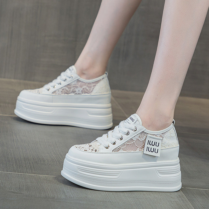 Women's Thick Bottom Hidden White Mesh Breathable Summer Small Heels