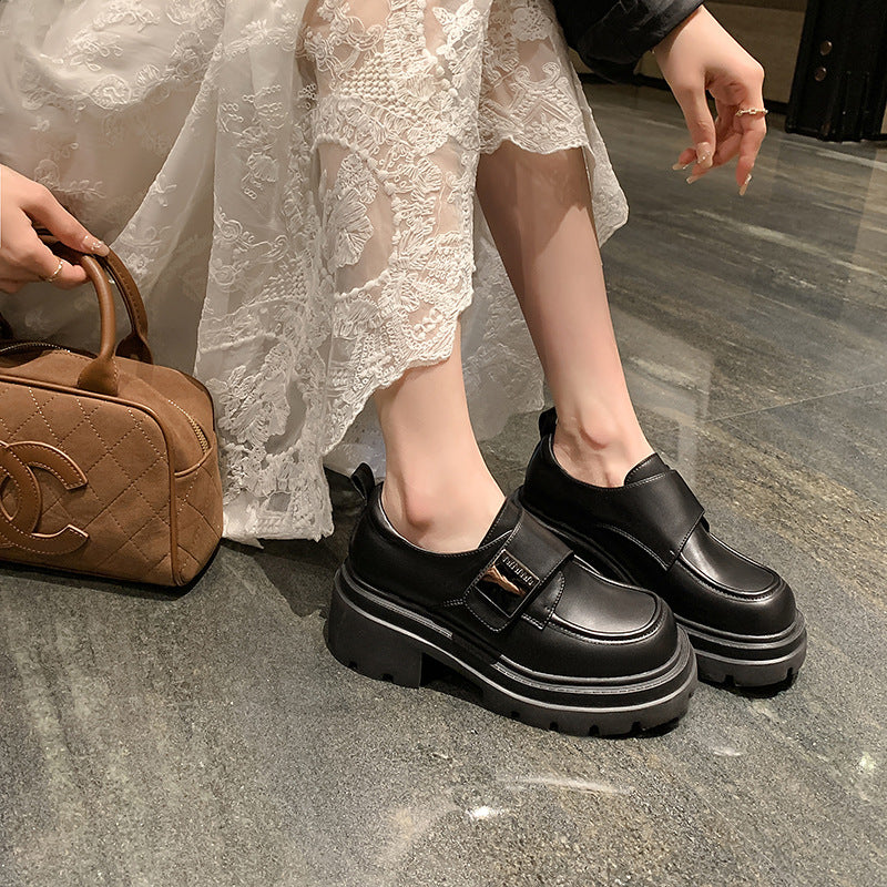 Women's & Men's Thick-soled British Style Velcro Square Buckle Brown Loafers