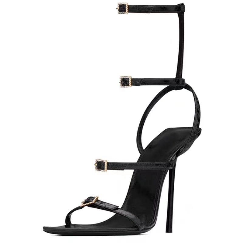 Women's Toe Rhinestone Buckle Stiletto Roman Style Heels