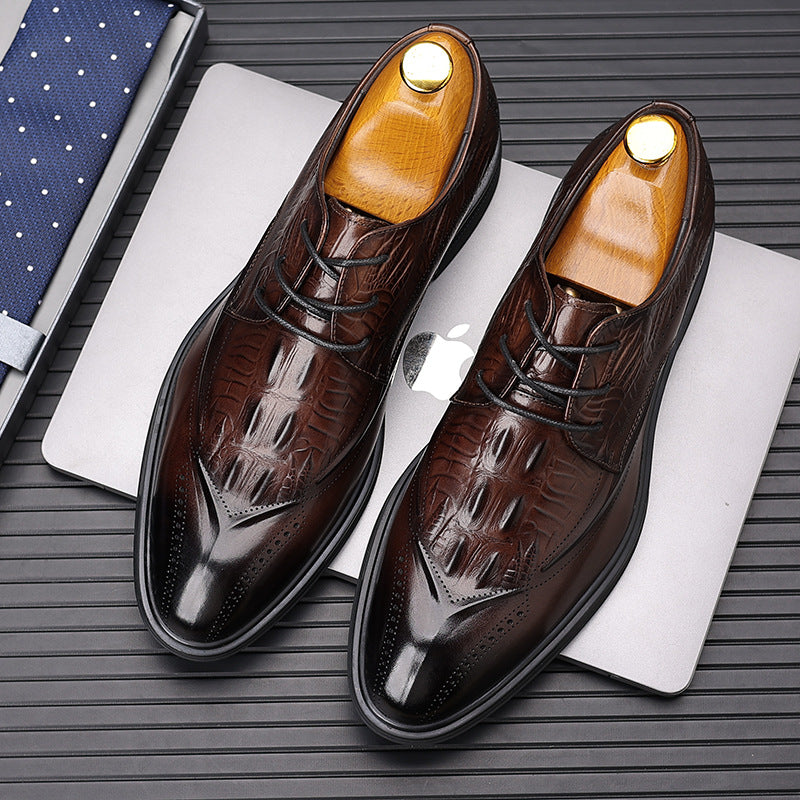 Men's Layer Cowhide Brogue Crocodile Pattern Breathable Men's Business Leather Shoes