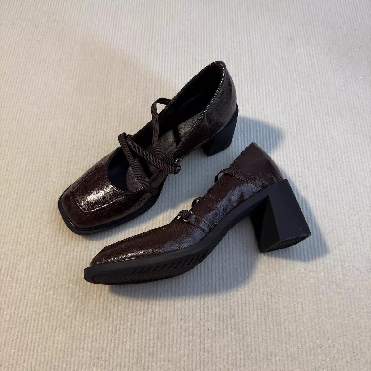 Women's Cowhide Version Retro Commuter Genuine Black Chunky Mary Jane Beautiful Heels