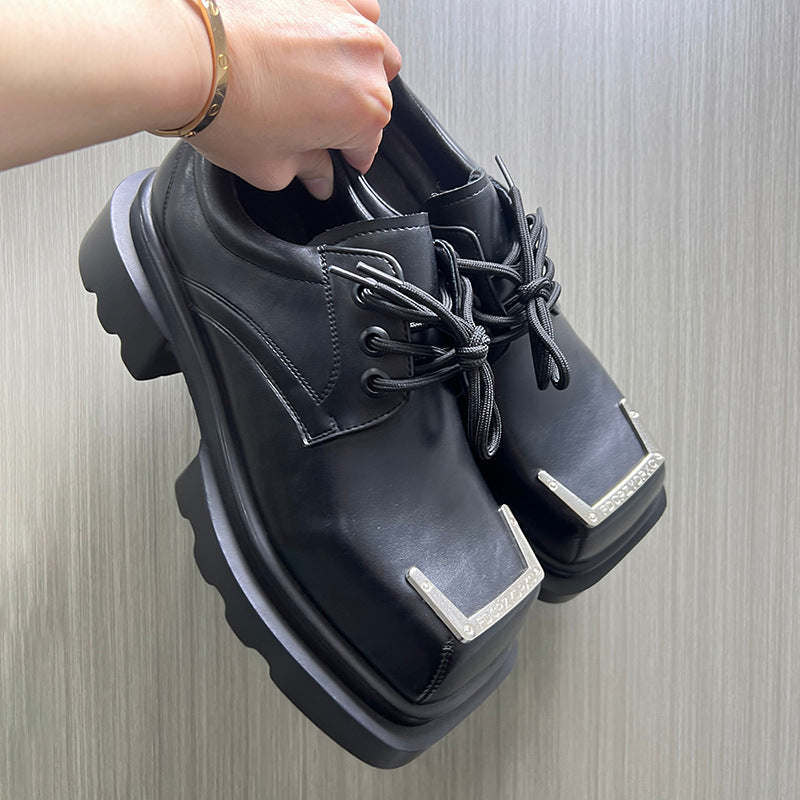 Men's Spring Muffin Bottom Platform Square Head Derby British Style Retro Men's Casual Leather Shoes