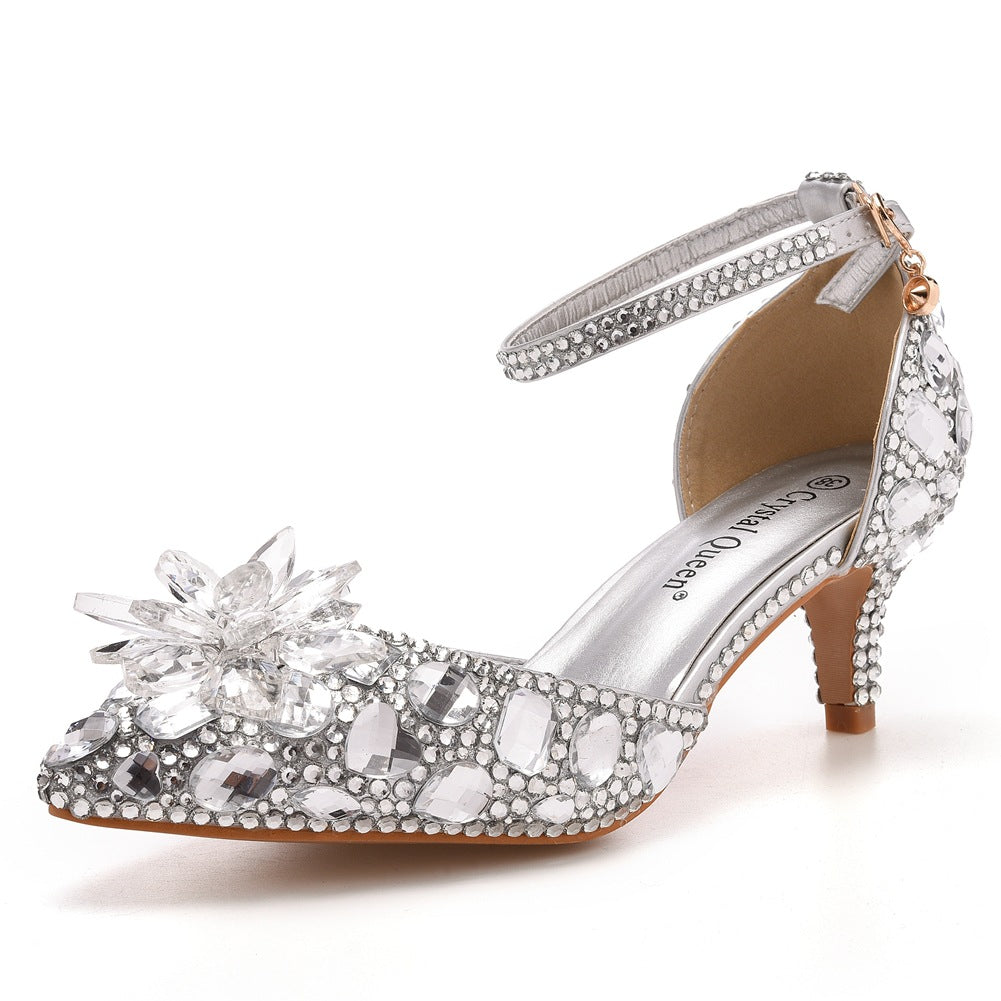 Women's Stiletto Pointed Glass Flower High Champagne Gold Heels