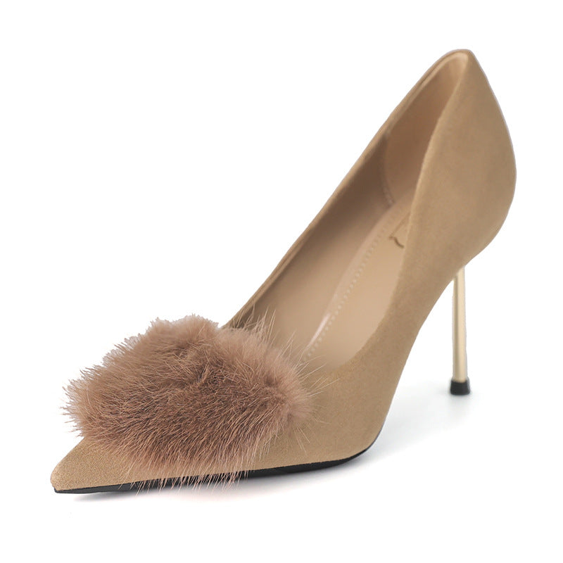 Women's Spring Style Black Fur High Stiletto Not Tired Women's Fashion Shoes