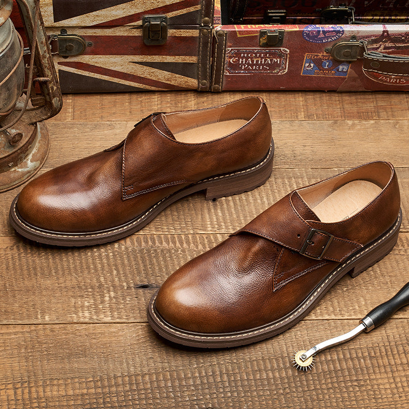 Men's Buckle Genuine England Style First Layer Cowhide Slip-on Leather Shoes