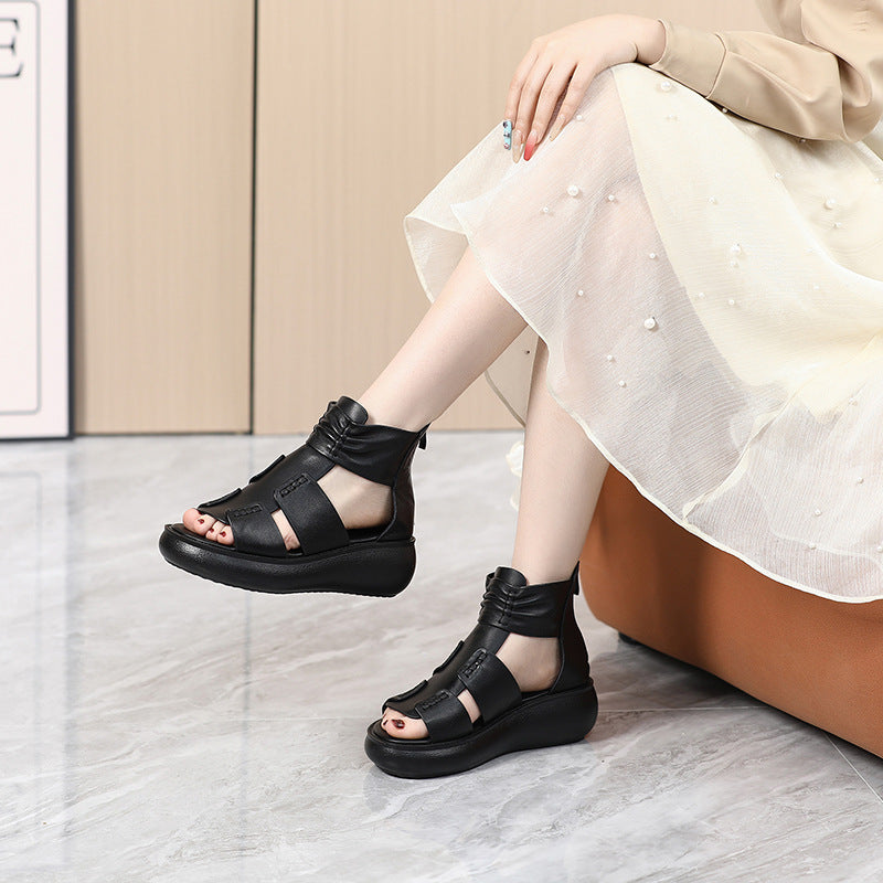 Women's Back Zipper Summer First Layer Cowhide Soft Bottom Sandals
