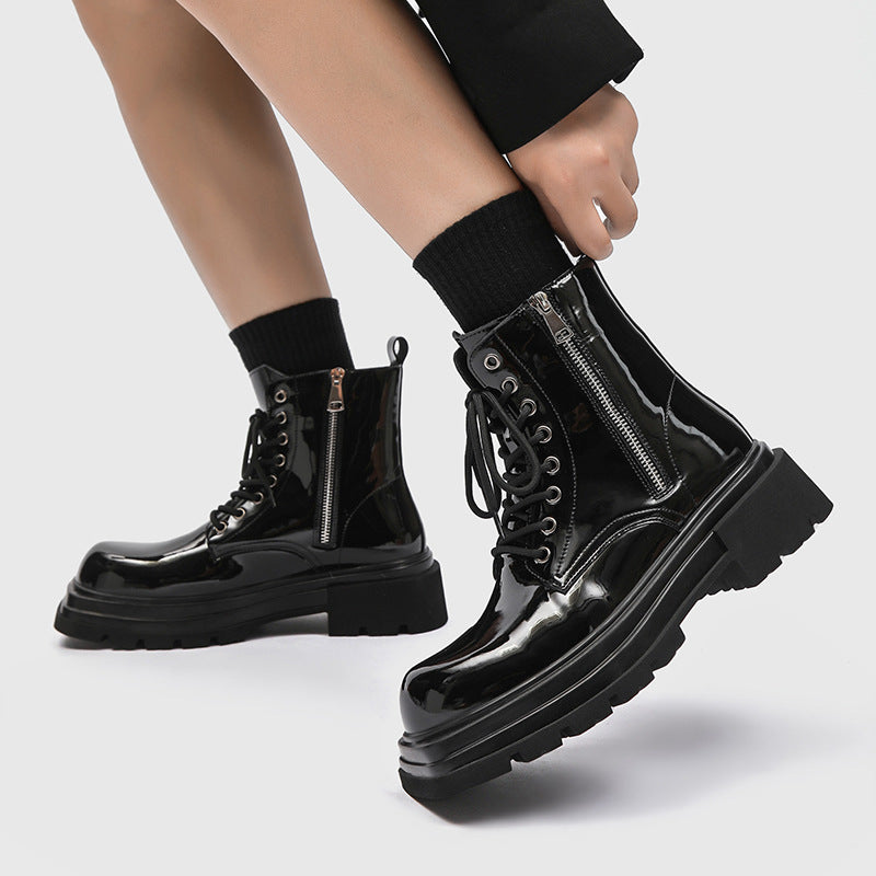 Men's Autumn Front Side Zipper Black Bright Boots