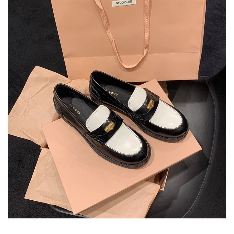 Women's Round Head Thick Bottom Retro Rub Colored Small Gold Loafers