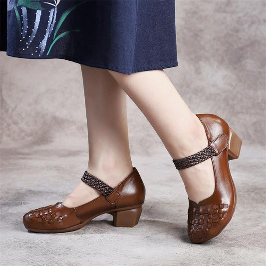 Women's Layer Cowhide Thick Mid Velcro Woven Round Head Brushed Casual Shoes