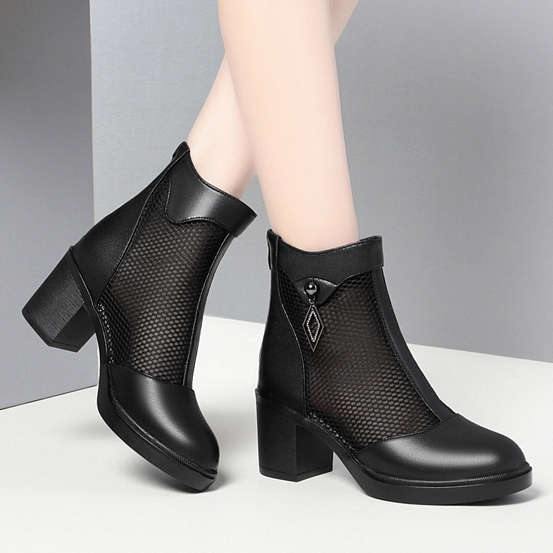 Women's Cowhide Mesh Medium Chunky Ankle Single Heels