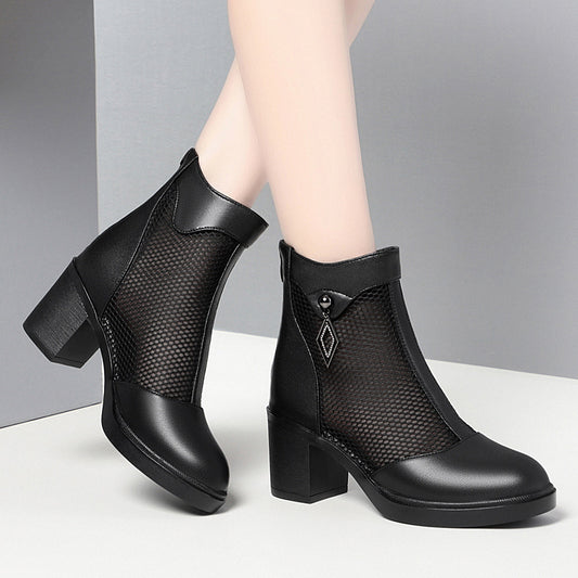 Women's Cowhide Mesh Medium Chunky Ankle Single Heels
