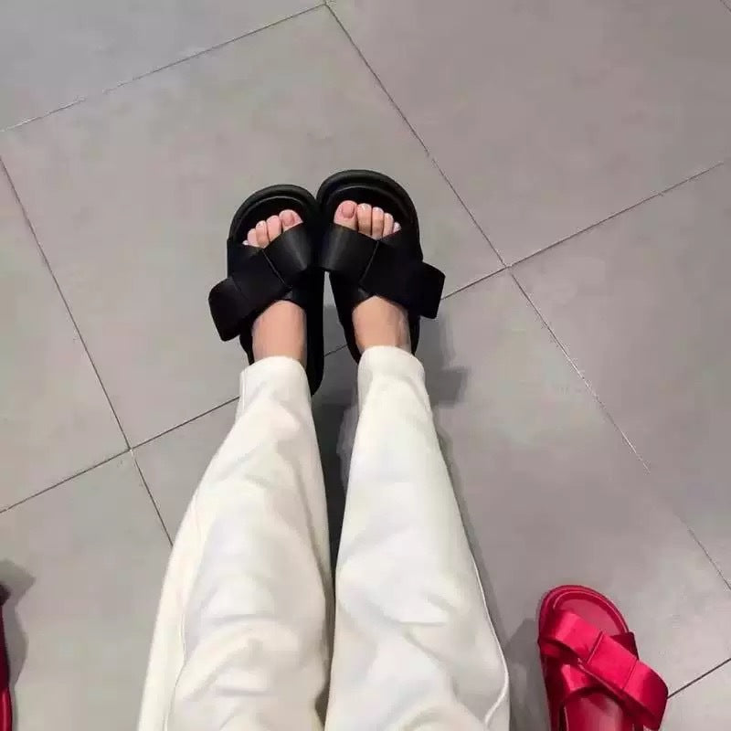 Women's French Style Big Bow Platform Outer Wear Slippers