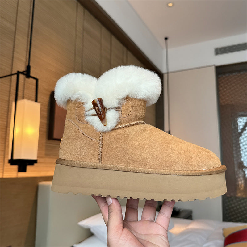 Women's Platform Horn Button Cowhide Wool Fleece Snow Boots