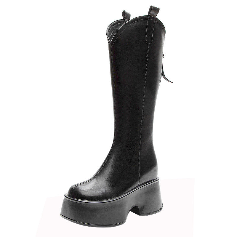 Women's Long Tube Below The Knee British Style Square Toe Boots