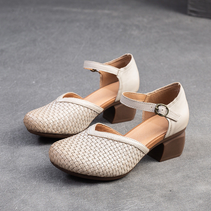 Women's Closed Toe Breathable Retro Small Woven Heels