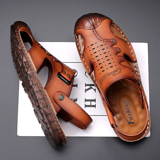 Men's Yuan Double-headed Layer Cowhide Summer Pump Sandals