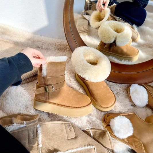 Women's Two-way Real Fur Low Cut Cowhide Wool Snow Boots